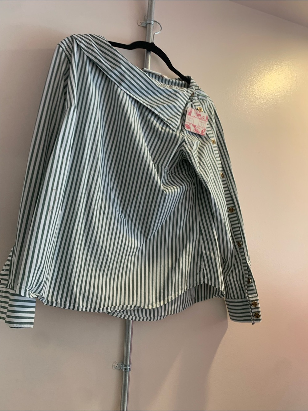 237 Striped Off-Shoulder Button Cuff Blouse - Green/White